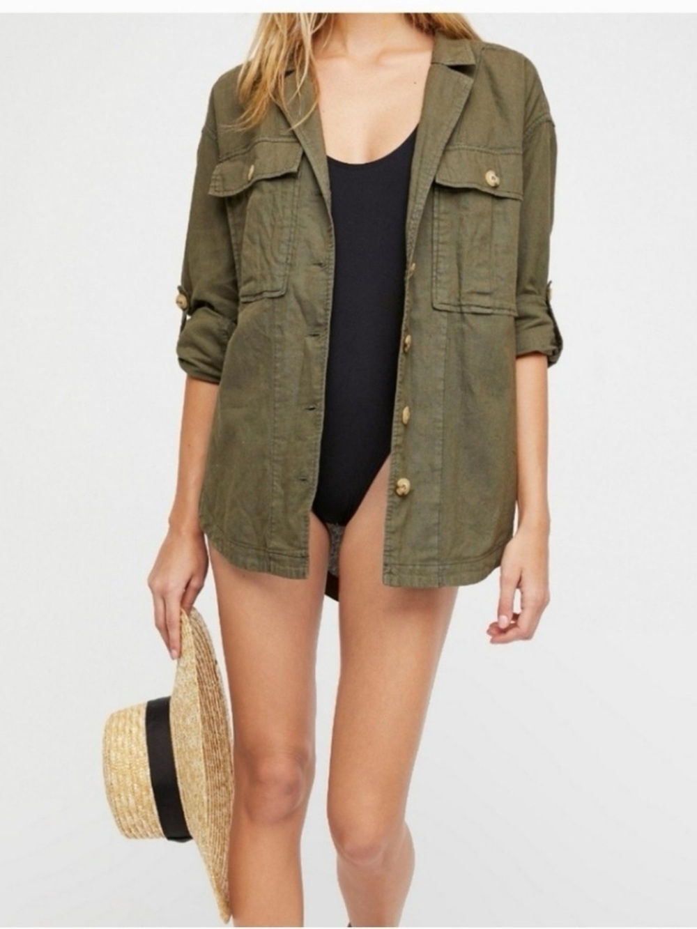 Free People Sunshine in my Pocket Linen Cotton Shirt Jacket Olive Green XS